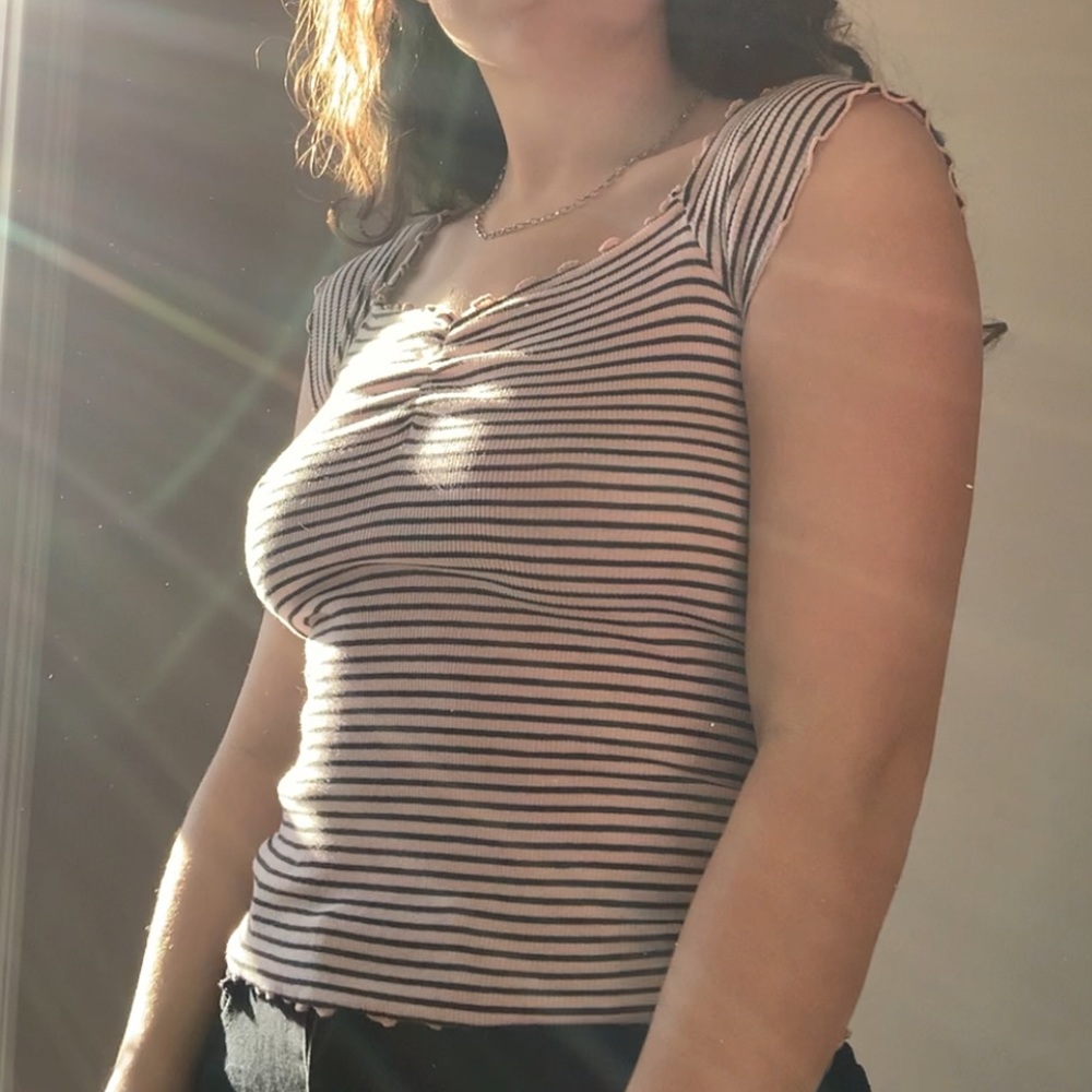 Pink and black striped off shoulder top